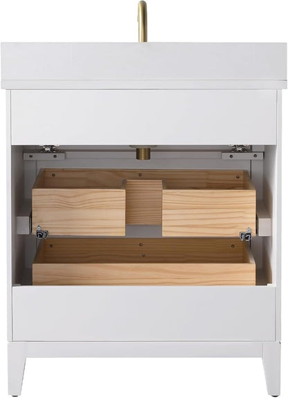 Vanity Art 30" Bathroom Vanity with Single Sink & Ceramic Top, Vanity Cabinet with Soft Closing Door, Solid Wood Frame, Golden Brushed Handles, White VA8130-W-GB