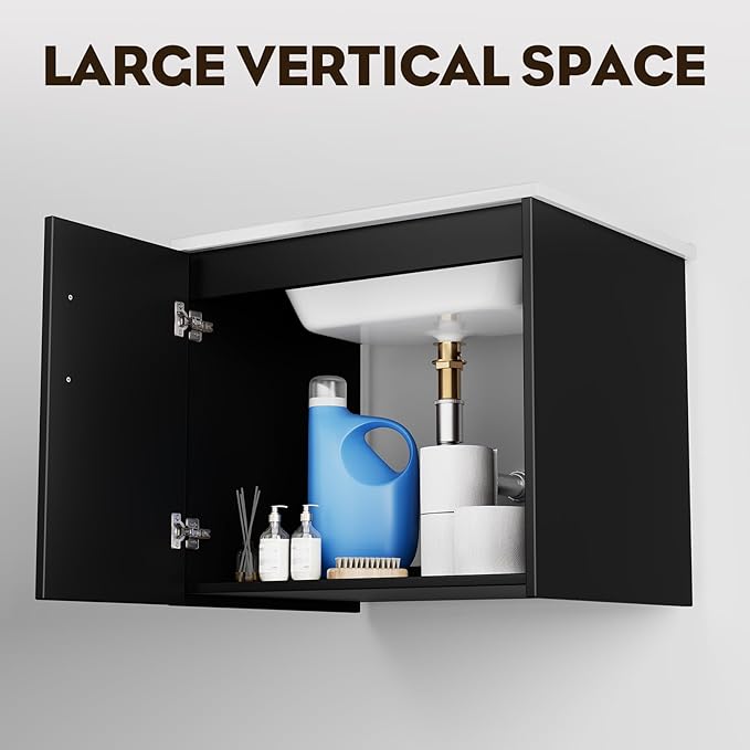 phiestina Pre-Assembled 24 Inch Black Floating Bathroom Vanity, Wall Mounted Cabinet with 2 Soft-Close Doors,3 Holes Ceramic Countertop Sink Combo,No Faucet,BV08-24-BLACK