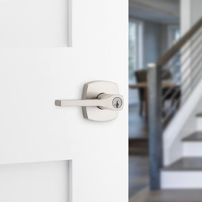 Kwikset Tripoli Lever Entry Door Handle with Lock and Key, Secure Keyed Reversible Lever Exterior, For Front Entrance and Bedrooms, Satin Nickel, Pick Resistant Smartkey Rekey Security and Microban