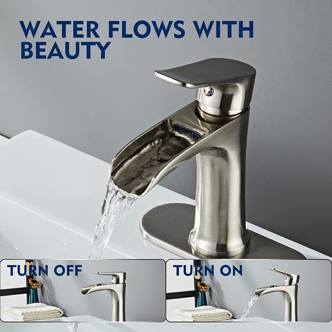 Brushed Nickel Bathroom Faucet Yundoom Waterfall Single Hole Single Handle Bathroom Sink Faucet with Pop Up Drain