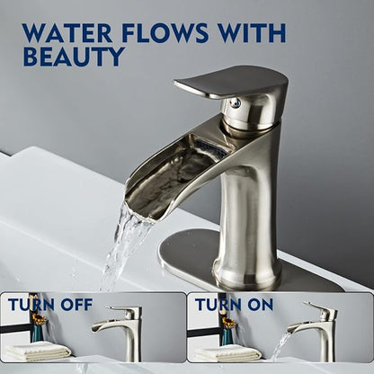 Brushed Nickel Bathroom Faucet Yundoom Waterfall Single Hole Single Handle Bathroom Sink Faucet with Pop Up Drain