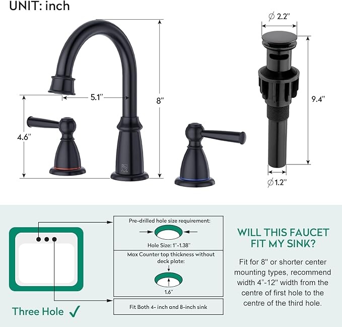 CREA Black Bathroom Faucet 3 Hole,2 Handles 8 Inch Widespread Bathroom Faucets with Drain for Sink Overflow,3 Pieces Matte Black Faucet for Bathroom Vanity RV Basin Tap(cPUC Supply Line)
