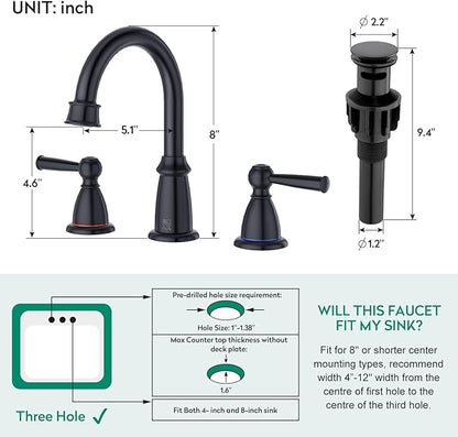 CREA Black Bathroom Faucet 3 Hole,2 Handles 8 Inch Widespread Bathroom Faucets with Drain for Sink Overflow,3 Pieces Matte Black Faucet for Bathroom Vanity RV Basin Tap(cPUC Supply Line)