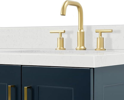 ARIEL Taylor 66-inch Bathroom Vanity with Sink,Solid Wood, 1.5-inch Carrara White Quartz Countertop, Double Rectangular Porcelain Sink, 4 Soft Closing Doors, 5 Dovetail Drawers, Midnight Blue