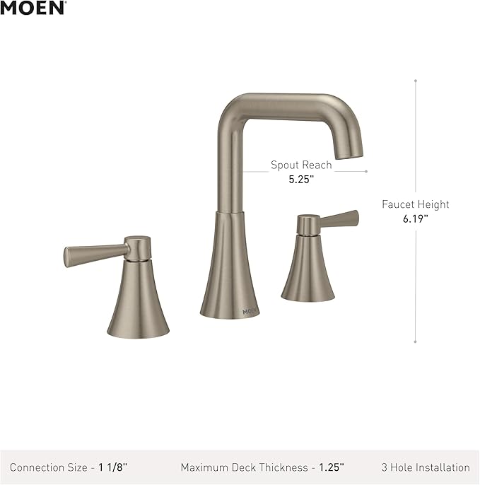 Moen Ronan Spot Resist Brushed Nickel Two-Handle Widespread Modern Double Bend Bathroom Faucet, Valve Included, 84026SRN
