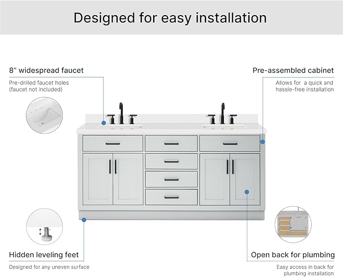 ARIEL Hepburn 72-inch Bathroom Vanity with Sink,Solid Wood, 1.5-inch Pure White Quartz Countertop & Backsplash, Double Rectangular Porcelain Sink, 4 Soft Closing Doors, 6 Dovetail Drawers, Grey