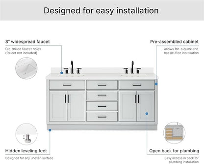 ARIEL Hepburn 72-inch Bathroom Vanity with Sink,Solid Wood, 1.5-inch Pure White Quartz Countertop & Backsplash, Double Rectangular Porcelain Sink, 4 Soft Closing Doors, 6 Dovetail Drawers, Grey