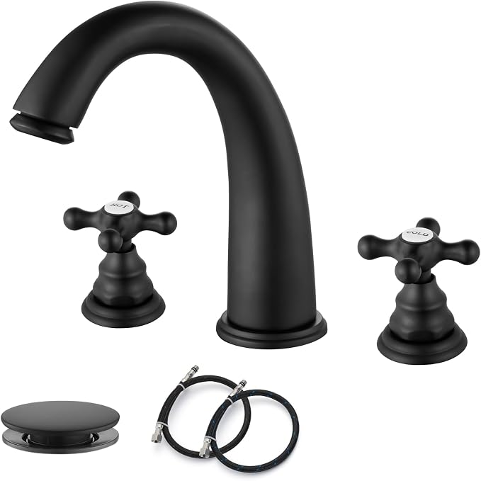 gotonovo Widespread Bathroom Sink Faucet 3 Hole Matte Black,H&C Label | Vintage 8’’ Bathroom Faucet,2 Cross Handle,6-16’’ Sink,Vanity,RV,Farmhouse,SUS304,24’’ cUPC Hose,Pop Up Drain,Deck Mount