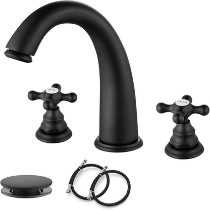 gotonovo Widespread Bathroom Sink Faucet 3 Hole Matte Black,H&C Label | Vintage 8’’ Bathroom Faucet,2 Cross Handle,6-16’’ Sink,Vanity,RV,Farmhouse,SUS304,24’’ cUPC Hose,Pop Up Drain,Deck Mount