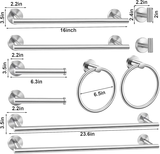 10Pcs Bath Tower Set, Includes 23.6 inch & 16 inch Towel Bars, Hooks, Rings & Toilet Paper Holder - Brushed Nickel