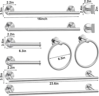 10Pcs Bath Tower Set, Includes 23.6 inch & 16 inch Towel Bars, Hooks, Rings & Toilet Paper Holder - Brushed Nickel