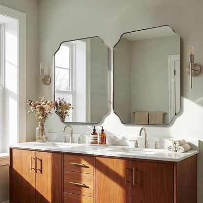 28x36 Inch Brushed Nickel Mirror, Silver Bathroom Mirror for Over Sink, Rounded Notched Corner Mirror in Anti-Rust Stainless Steel Thin Frame, Wall Mount Vertically or Horizontally