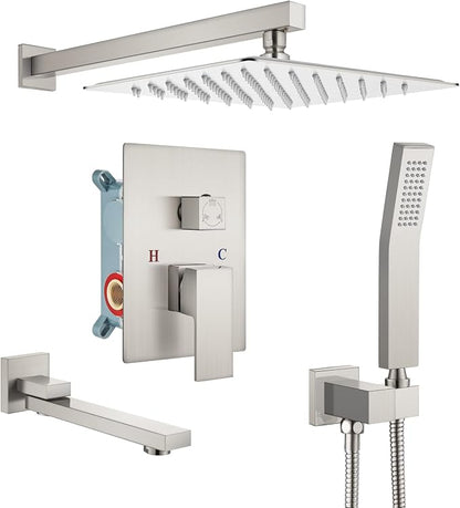 gotonovo Tub Shower Faucet Set with Valve Kit 12’’ Head,Brushed Nickel | Shower System with Tub Spout,SUS304 Rain Head with Handheld Sprayer,Swivel Spout,All Metal,Rough-In Valve Trim Kit,Wall Mount