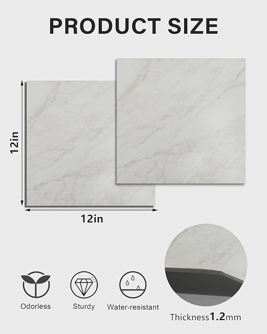 12" x 12" Peel and Stick Floor Tile, 10 Tiles Water-Resistant Vinyl Flooring, Grayish White Marble Peel and Stick Tile for Kitchen, Bedroom, Self Adhesive DIY Floor Tiles