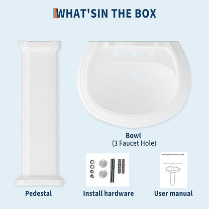 20" x 26" Vintage White Ceramic Pedestal Sink – Classic Freestanding Bathroom Sink with Overflow, 3 Pre-Drilled Holes for 8" Widespread Faucet