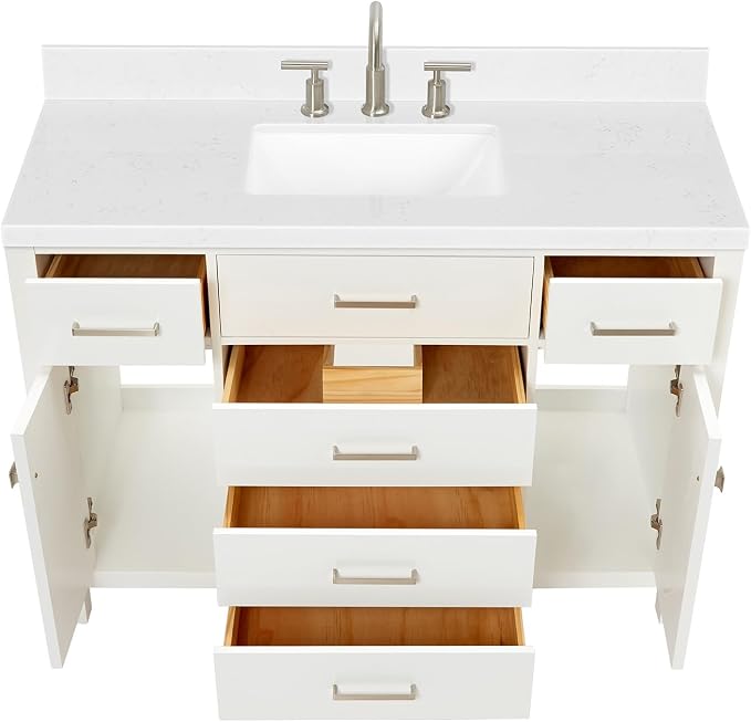 Alenza 48" White Bathroom Vanity with Sink, 1.5" Carrara Quartz Countertop, Single Rectangular Undermount Sink, 2 Soft Closing Doors, 5 Dovetail Drawers