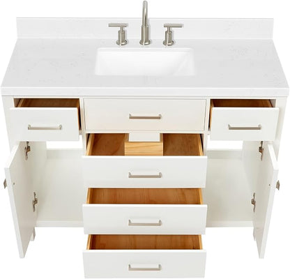 Alenza 48" White Bathroom Vanity with Sink, 1.5" Carrara Quartz Countertop, Single Rectangular Undermount Sink, 2 Soft Closing Doors, 5 Dovetail Drawers