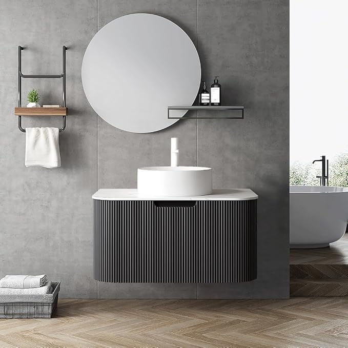 LKTART 30 Inch Floating Bathroom Vanity with Sink, Modern Wall Mounted Bathroom Storage Cabinet with Drawer, Round White Ceramic Sink Top and Marble Texture Top,Black
