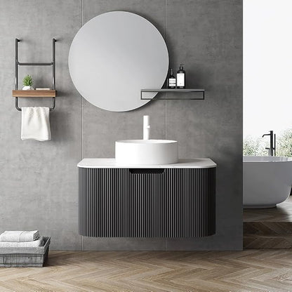 LKTART 30 Inch Floating Bathroom Vanity with Sink, Modern Wall Mounted Bathroom Storage Cabinet with Drawer, Round White Ceramic Sink Top and Marble Texture Top,Black