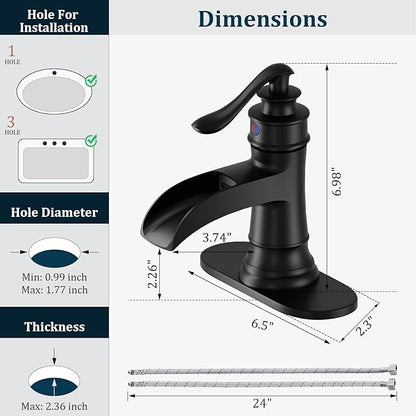 Matte Black Waterfall Bathroom Faucet, Single Handle Bathroom Sink Faucet 1 Hole or 3 Hole, Vanity Sink Faucet for Vintage Antique Lavatory Washroom with Pop Up Drain, Deck, 2 Hoses