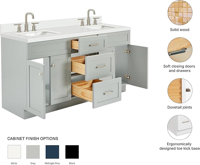 ARIEL Hamlet 66-inch Bathroom Vanity with Sink,Solid Wood, 1.5-inch Pure White Quartz Countertop & Backsplash, Double Rectangular Porcelain Sink, 4 Soft Closing Doors, 3 Dovetail Drawers, Grey