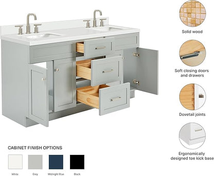 ARIEL Hamlet 66-inch Bathroom Vanity with Sink,Solid Wood, 1.5-inch Pure White Quartz Countertop & Backsplash, Double Rectangular Porcelain Sink, 4 Soft Closing Doors, 3 Dovetail Drawers, Grey