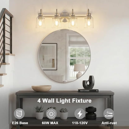 4 Lights Bathroom Light Fixtures Brushed Nickel Vanity Lights | ETL Certificate, Easy to Install,Wall Mount Up or Down,Thickened Glass Lampshade,E26 Socket,Hardwired