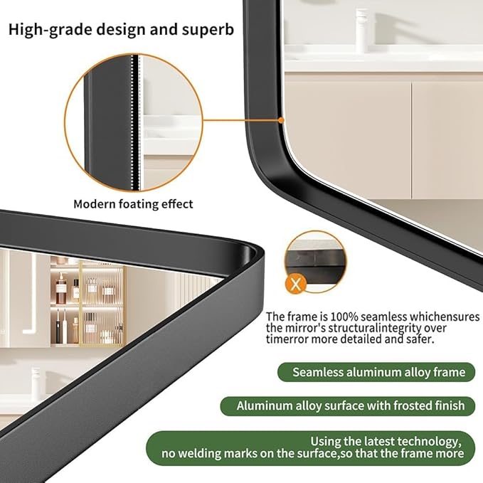 Black Metal Frame Wall Mount Bathroom Mirror, 26x 34 Inch Rectangular Round Mirror, Matte Black Vanity Mirror, Farmhouse Style, Hang Horizontally or Vertically