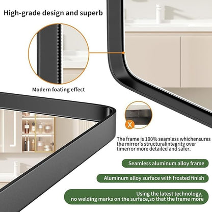Black Metal Frame Wall Mount Bathroom Mirror, 26x 34 Inch Rectangular Round Mirror, Matte Black Vanity Mirror, Farmhouse Style, Hang Horizontally or Vertically