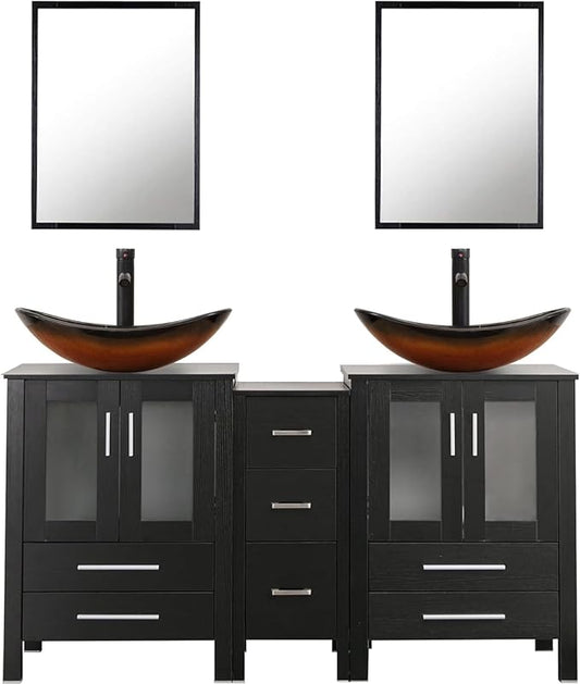 UEV 60" Double Sink Bathroom Vanity,Black Bathroom Vanity with Double Side Vanity Cabinets & Removable 3 Drawer Storage Cabinet with Vessel Sink,Mirror Not Included(029BR New)