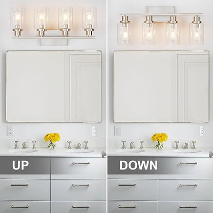 4 Light Bathroom Light Fixtures Brushed Nickel Vanity Light Over Mirror Modern Farmhouse Wall Lighting Sconces Wall Lamp for Bathroom, Bedroom, Living Room E26 Socket with Glass Shade
