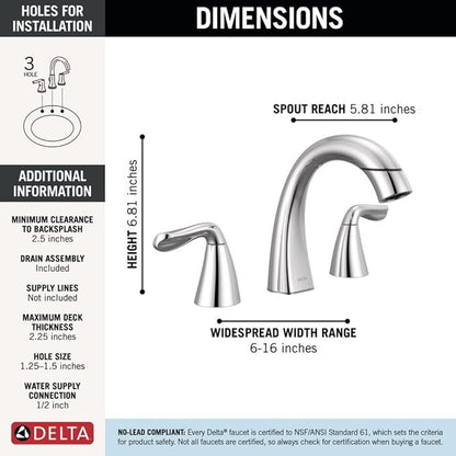 Delta Arvo Chrome Bathroom Faucet with Sprayer, 8 Inch 3 Hole Widespread Bathroom Sink Faucet with Pull Out Sprayer, Push-Pop Drain, Chrome 35840LF-PD