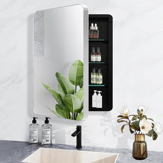 Medicine Cabinet with Framed Mirror, 20 x 26 Inch Silver Round Corners Bathroom Cabinets, Recessed or Surface Wall-Mounted, Double Doors, Removable Glass Shelves for Bathroom Bedroom Kitchen