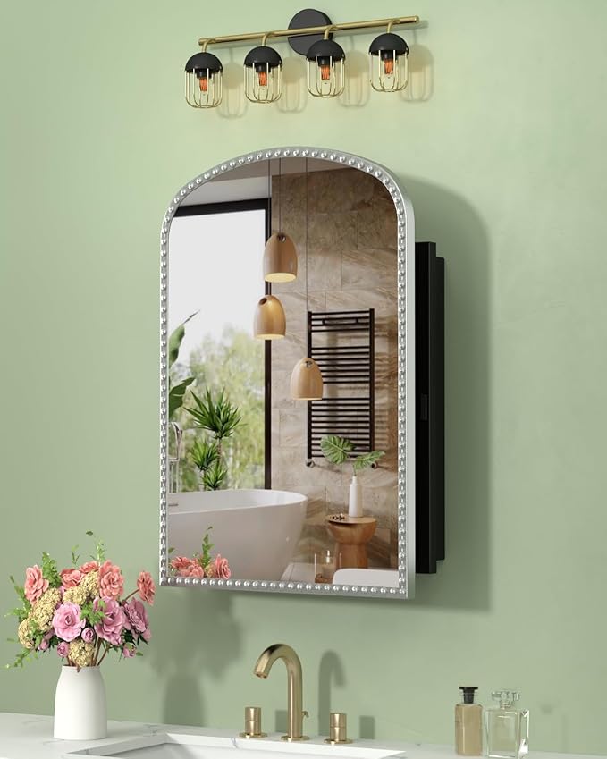 Daisy Beaded Arched Medicine Cabinet with Mirror, Wall Mounted or Recessed 20x28 Inch Bathroom Vanity Mirror with Storage Full-Metal Cabinets, 2 Adjustable Shelves and 1 Organizer Bling Silver