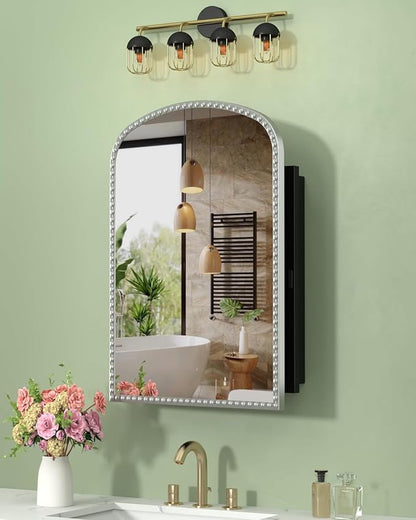 Daisy Beaded Arched Medicine Cabinet with Mirror, Wall Mounted or Recessed 20x28 Inch Bathroom Vanity Mirror with Storage Full-Metal Cabinets, 2 Adjustable Shelves and 1 Organizer Bling Silver