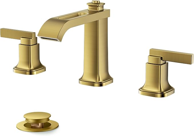 FORIOUS Bathroom Faucet 3 Hole Widespread Sink Faucets Brushed Gold | 3-hole 4-12 Inch Widespread Sink, Square Waterfall Spout, with Drain and Hoses,for Vanity Rv Commercial Lavatory Restroom