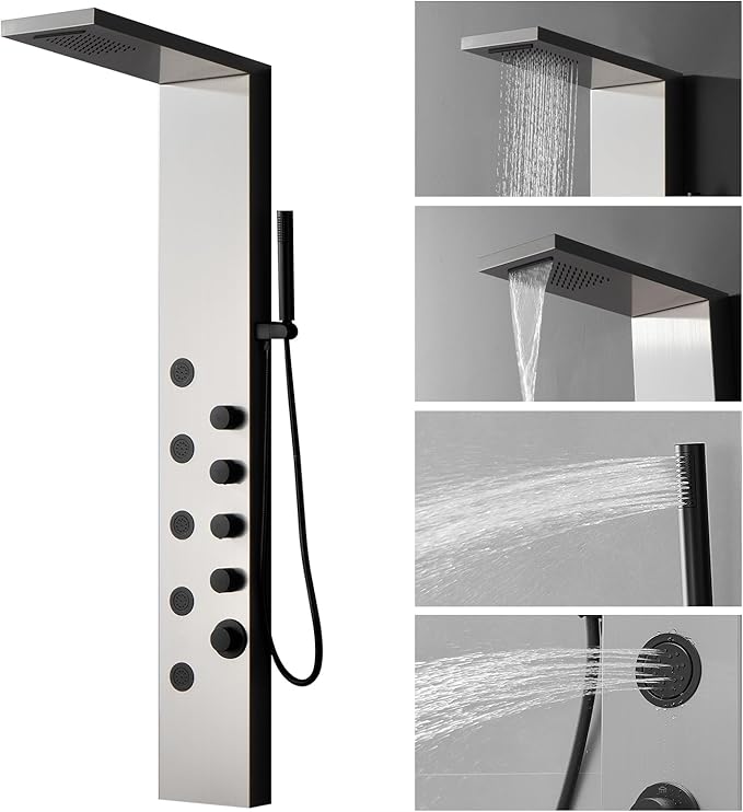 Homevacious Shower Panel Tower System with Rainfall Shower Head 5 Body Jets and Handheld Shower Head Modern Massage Shower System Brushed Nickel