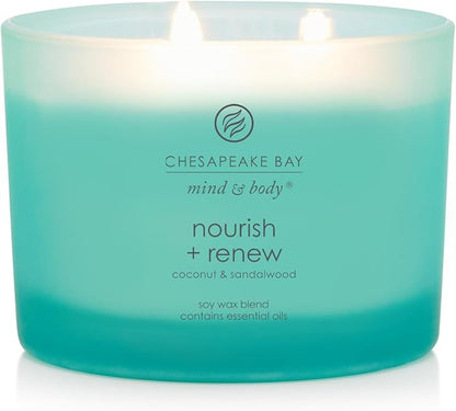 Chesapeake Bay Candle Mind & Body 3-Wick Coffee Table Jar Candle Nourish + Renew (Coconut & Sandalwood), 11oz (Pack of 4)