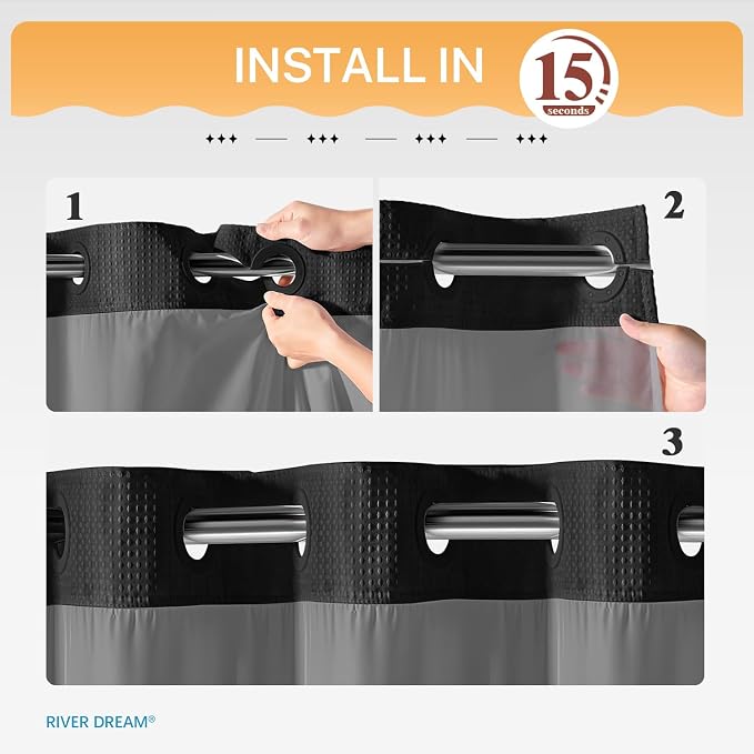 RiverDream Heavyweight Waffle No Hook Shower Curtain with Liner,Black,36x74 | Dotted Waffle,Snap-in Liner,Heavy Duty,Quick Dry,Mesh Top Window,With Bottom Magnets,Hotel-Grade,Washable,Small Stall Size