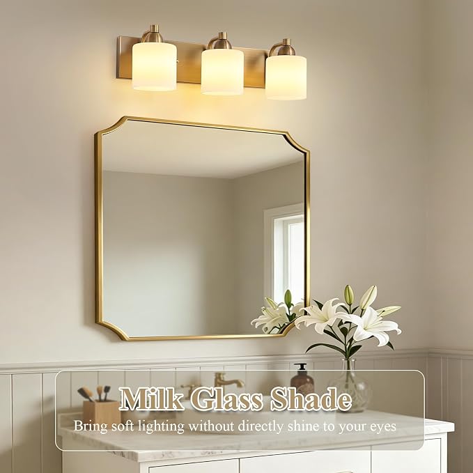 Mecgirn Stainless Steel Milk Glass Vanity Lights for Bathroom, 3 Light Brass Bathroom Light Fixtures Over Mirror, Ceramic E26 Sockets Wall Mounted