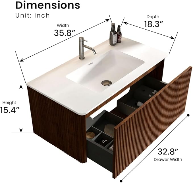36" Bathroom Vanity with Sink, Modern Floating Vanity with Push Open Soft Close Drawer, Large Storage for Bathroom, Hotel, Walnut, Fully Assembled - Camellia Collection