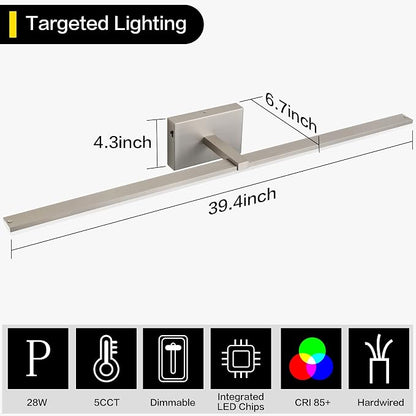 40 Inch Bathroom Vanity Lights Over Mirror Brushed Nickel Arm Over Cabinet Wide LED Bar 5CCT 2900K 6000K High Lumen IP44