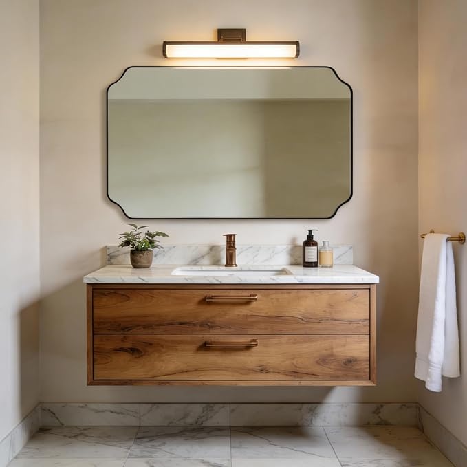30"x48" Brushed Bronze Rectangle Mirror, Large Scalloped Bathroom Mirror in Premium Stainless Steel Frame, Timeless Shape with Unique Flair, Ideal for Home Remodel (Vertical/Horizontal)