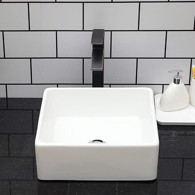 15x15 Square Bathroom Vessel Sink Porcelain Ceramic White Vanity Sink Above Counter Modern Sink for Cabinet, Lavatory, Hotel Art Basin, Home Washing Basin