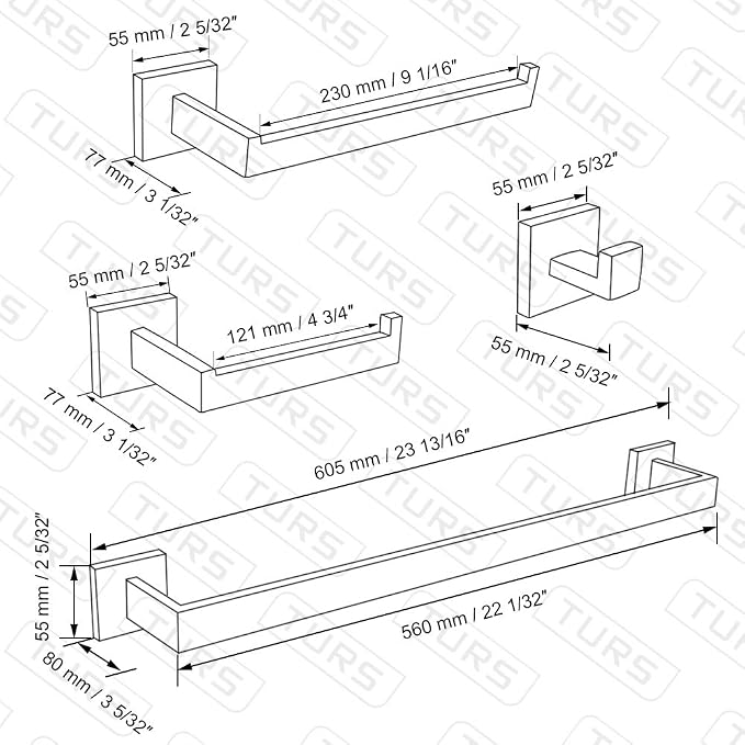 TURS Black Bathroom Towel Bar Set Square 5 Pieces Bathroom Hardware Set Matte Black Towel Holder Set Wall Mounted,SUS304 Stainless Steel, 23.6 Inch