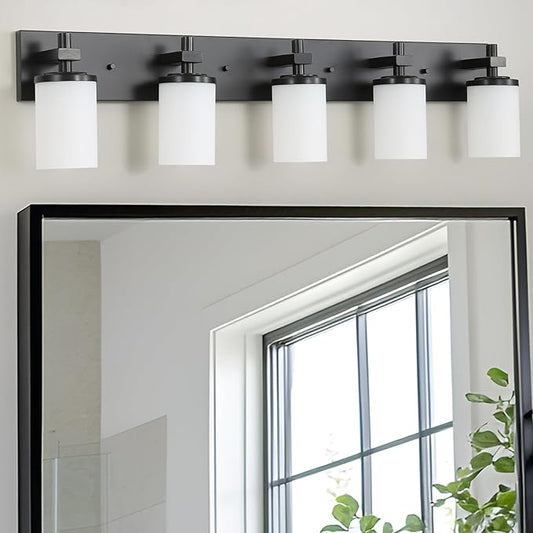 LOUSACE Bathroom Light Fixtures Over Mirror, 5 Light Vanity Lights Matte Black, Modern Bathroom Lighting with Opal White Glass Shades, Wall Sconces Fixture Vanity Lighting for Bedroom Living Room