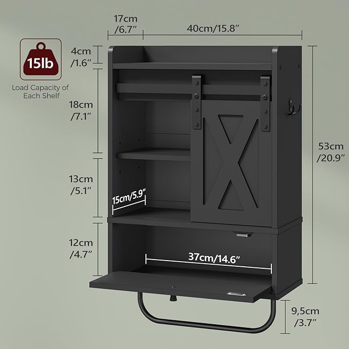 Bathroom Wall Cabinet, Farmhouse Medicine Cabinets with Sliding Door, Wall Mounted Storage Cabinet with Adjustable Shelf and Towel Bar, for Bathroom, Living Room, Kitchen, Black