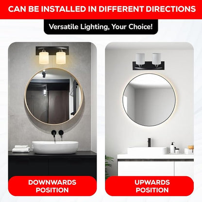 Hollywood Style Modern Wall Mount Lighting, Bathroom Vanity Light Bar, Interior Fixtures with Modern Glass Shade, Lights Over the Mirror (Matte Black, 2-Lights)