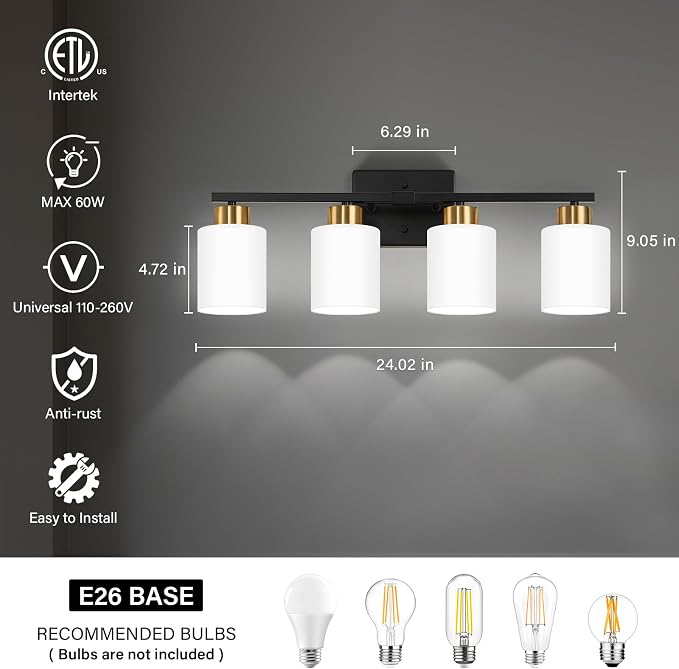 FonmYim Black and Gold Bathroom Light Fixtures Vanity Lights Over Mirror | Modern 4-Light lighting fixtures for bathroom with Milky White Frosted Glass Shades, E26 Socket (Bulbs Not Included)