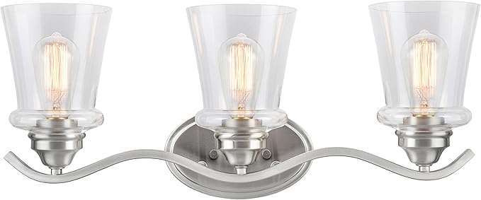 Aspen Creative 62117-1, Three-Light Metal Bathroom Vanity Wall Light Fixture, 24" Wide, Transitional Design in Satin Nickel with Clear Glass Shade